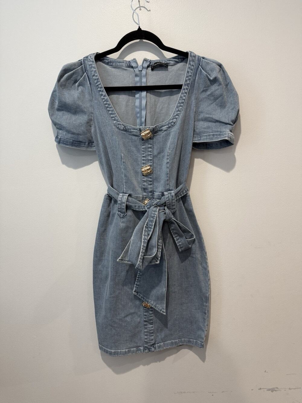 Valentine Light Denim Dress Puff Sleeves Tie Waist Embellished Buttons Small